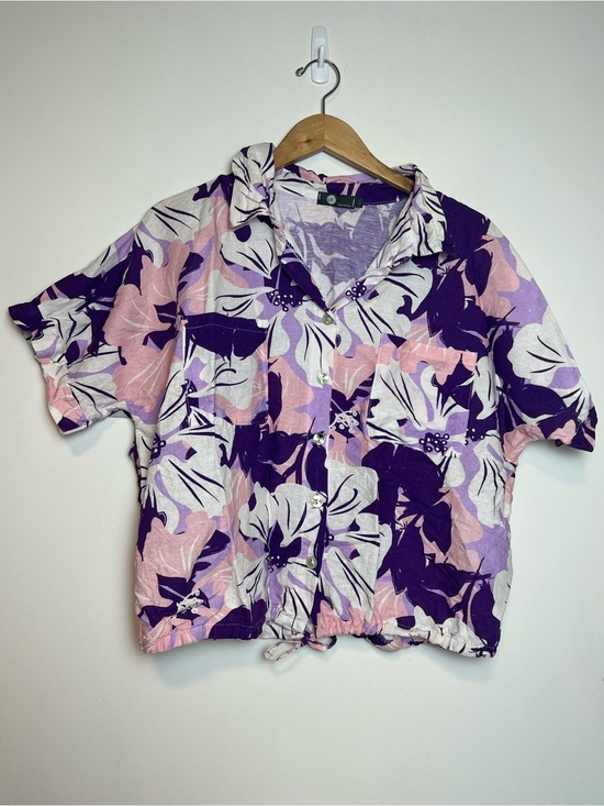 Tops - 90s Style Floral Crop Shirt L Purple Pink Linen Blend Hawaiian made in Italy